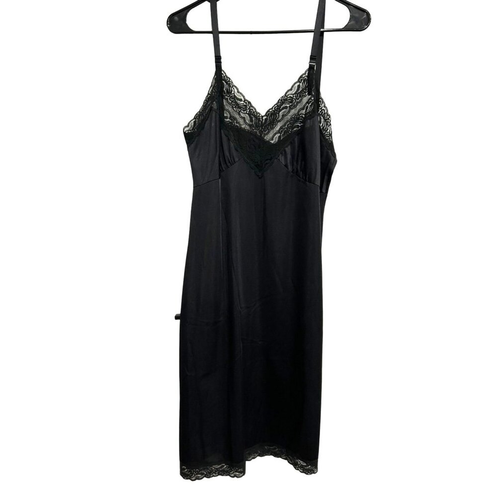 VINTAGE Slip 36 Spaghetti Strap Black Lace Trim Nylon Dress Whimsygoth Y2K Sexy